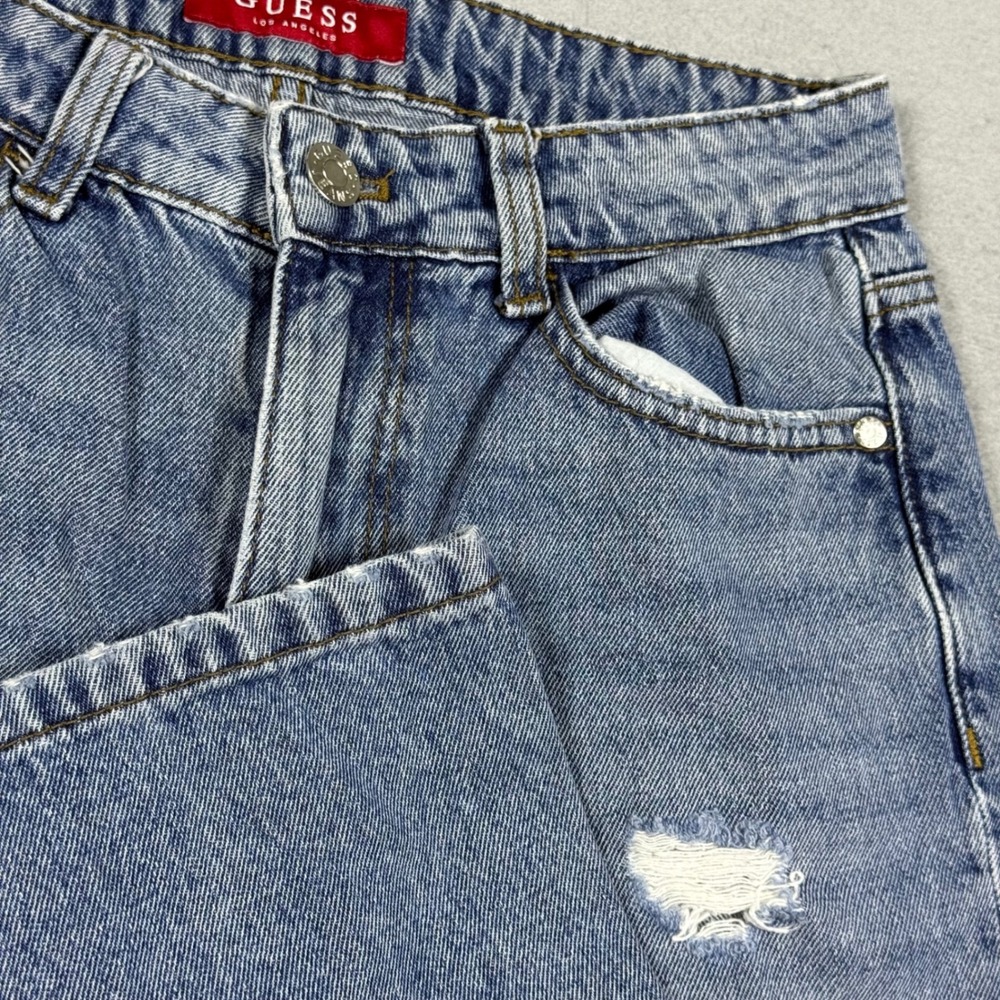 Guess Los Angeles High Waisted Distressed Mom Jeans Light Wash Blue Denim 26